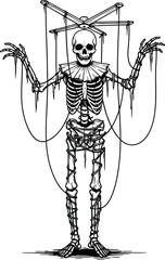 Illustration of a skeleton puppet with strings on a plain white background