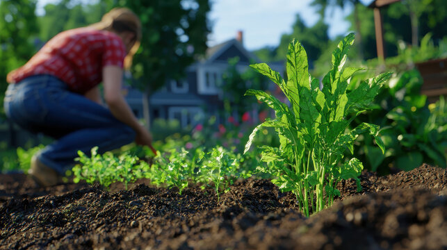 Person gardening in lush backyard, tending to vibrant green plants and vegetables, surrounded by nature beauty