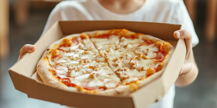 Close-up of a person's hand holding a cardboard box with pizza inside, wearing a white t-shirt.