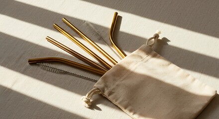 set  of reusable golden metal straw inside a cotton pouch