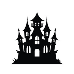  Black Haunted House Silhouette, Spooky Halloween Mansion, Creepy Castle with Bats Vector