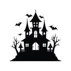  Black Haunted House Silhouette, Spooky Halloween Mansion, Creepy Castle with Bats Vector