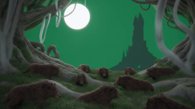 Voxelated Bears Resting under Moonlight near Distant Dark Castle in Green Background