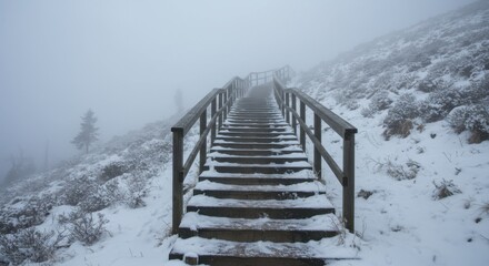 Snow-covered wooden stairs leading into a foggy landscape, surrounded by trees and a winter atmosphere