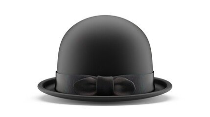 Fototapeta premium A black bowler hat stands alone on a clean white background, presenting a simple and classic accessory - related scene that showcases the unique shape and dark color of the bowler hat.