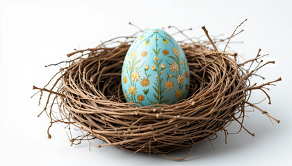 Obraz premium A beautifully painted blue egg adorned with floral designs sits securely in a handcrafted twig nest, symbolizing spring and new beginnings. The composition highlights nature and artistry