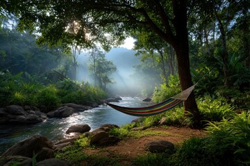 Lush jungle scene with hammock