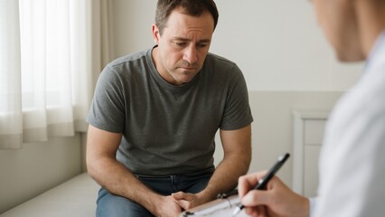 Patient Consultation: A concerned man sits attentively during a therapy session, engaging in a private conversation with his therapist.