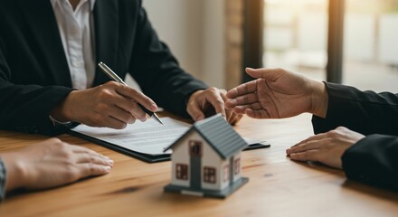 Businesspeople signing contract model house