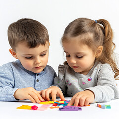 Kids playing with colorful puzzle made with generative AI