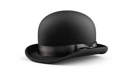 Fototapeta premium A black bowler hat stands alone on a clean white background, presenting a simple and classic accessory - related scene that showcases the unique shape and dark color of the bowler hat.