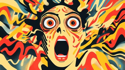 98.A dynamic illustration of a person with wide-open eyes and an open mouth, surrounded by swirling zigzag patterns, bold exclamation marks, and vibrant shockwaves in red and yellow.