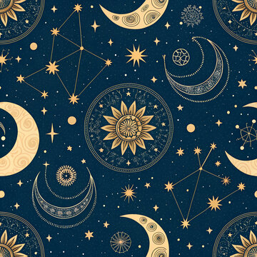 &ldquo;Mystical seamless pattern with hand-drawn crescent moons, constellation lines, glowing stars, alchemy symbols in soft gold on navy background.&rdquo;
