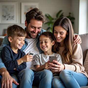 Happy family with two sons looking at smartphones together on a sofa