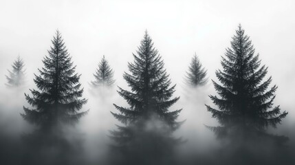 Fototapeta premium Misty forest scene with tall pine trees emerging through dense fog, creating an eerie and tranquil atmosphere.