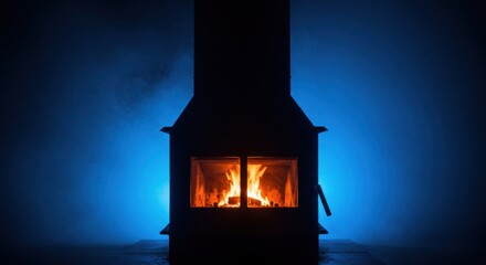 Cozy fireplace glowing warmly in a dark room, surrounded by blue smoke, creating a serene atmosphere