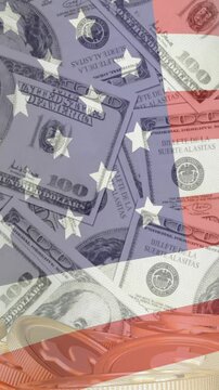 American flag waving over hundred-dollar bills and gold coins in animation