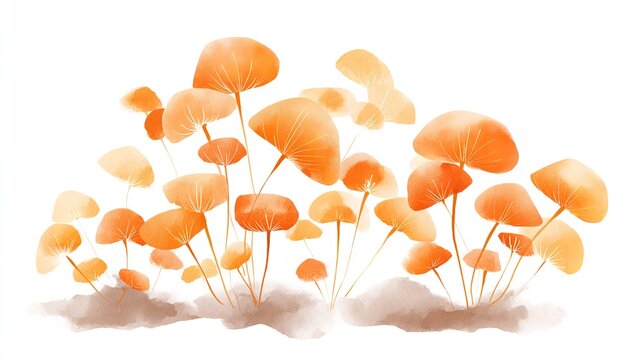 A whimsical dance of orange mushrooms sprouting like dreams painted in watercolor on canvas evokes feelings of fantasy