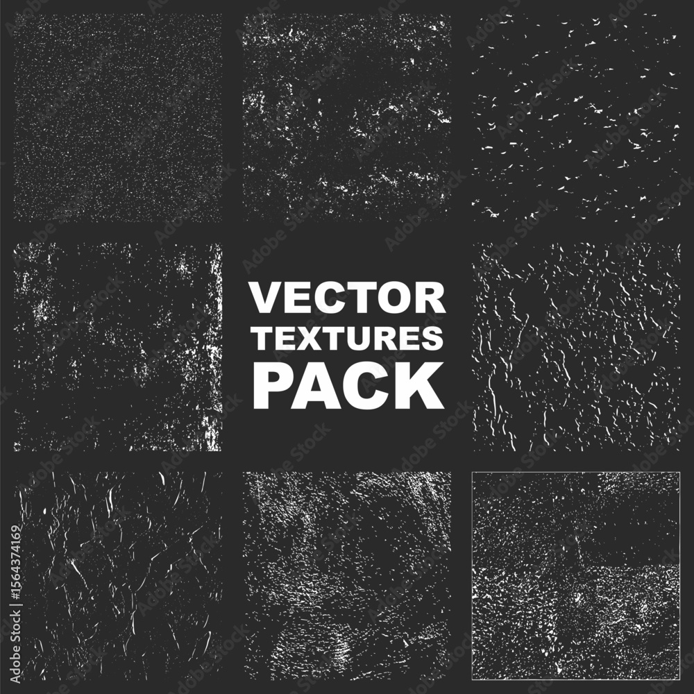 Poster Nine pixelated highcontrast texture squares with a central text block saying Vector Textures Pack in a pixel font