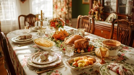 Retro Thanksgiving dinner scene with vintage table setting, classic dishes, and warm nostalgic decor. Concept of traditional holiday celebration.
