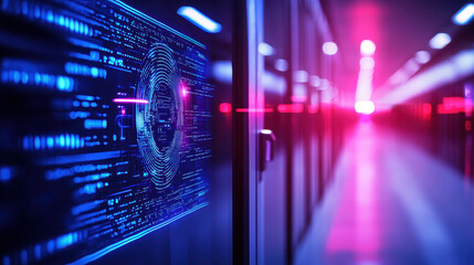 High tech data center with glowing biometric security interface, showcasing advanced technology and digital security features