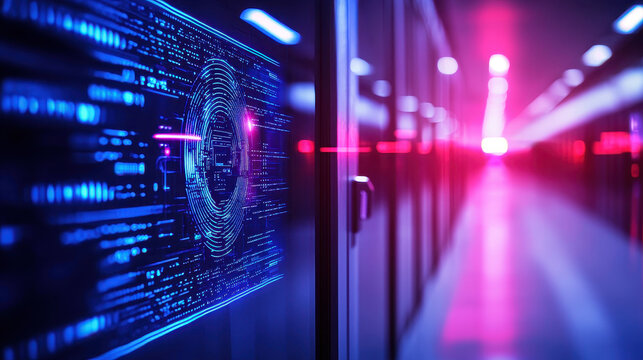 High tech data center with glowing biometric security interface, showcasing advanced technology and digital security features - Powered by Adobe