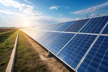 Large Solar Panel Farm in Sunlight with Blue Sky &ndash; Clean Renewable Energy Production Concept