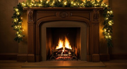 Cozy fireplace adorned with festive greenery and warm lights, creating a welcoming holiday atmosphere