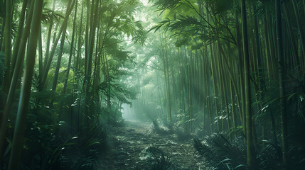 A pathway through a dense bamboo forest with sunlight filtering through the canopy and lush green foliage