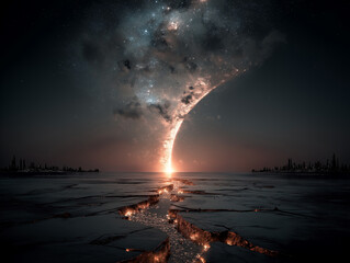 A surreal cosmic scene depicting the sun disappearing, earth breaking apart