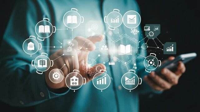 Person interacting with digital interface on a smartphone with various data icons overlayed - Powered by Adobe