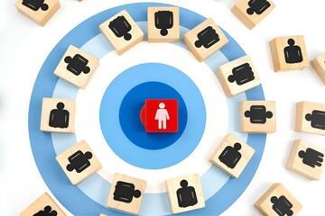 Target Audience Concept: Woman in Focus Surrounded by Silhouettes on Wooden Blocks, Bullseye Target, Business Strategy, Focus Group