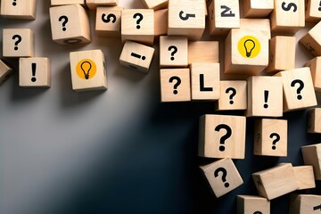 Wooden Blocks with Question Marks, Exclamation Points, and Light Bulbs: Concept of Questions, Ideas, and Solutions