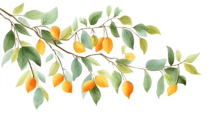 Golden lemons gracefully dangle amidst lush green foliage a promise of summer sweetness against a clean white background