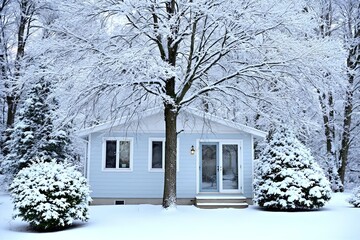 Winter Wonderland Cottage: Snow Covered House, Trees, and Yard - Cozy Home in a Snowy Landscape