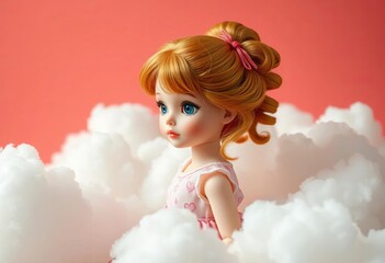 Dreamy doll with head in clouds, pastel coral backdrop,  artistic,   header image