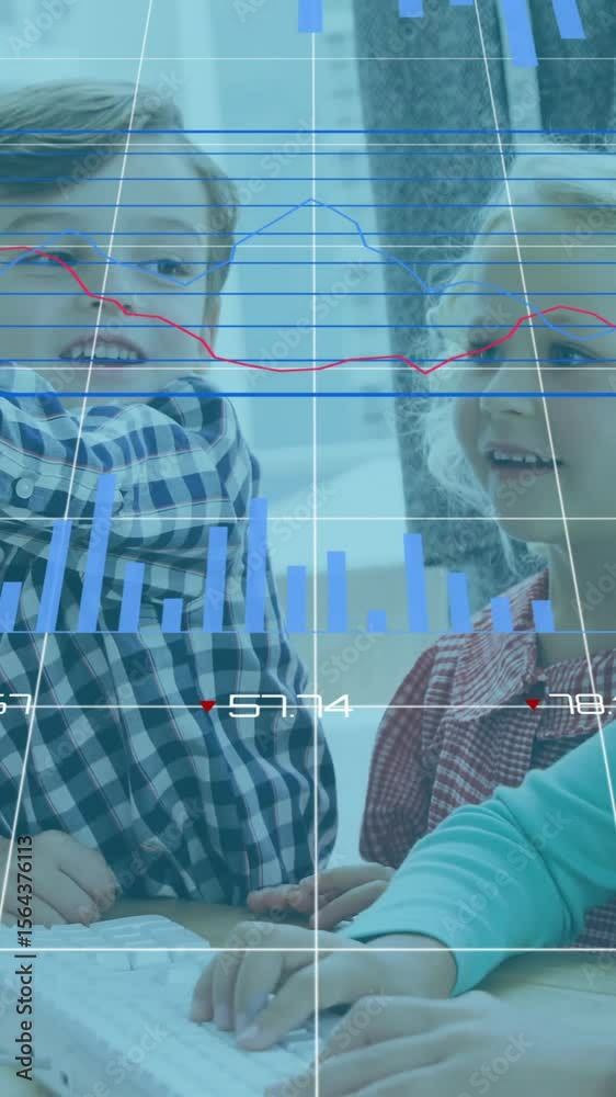 Poster animation of graphs, changing numbers and loading circles over caucasian children using computer