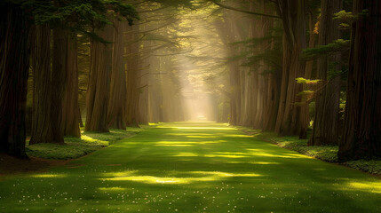 Sunlight streaming through tall trees onto a green meadow in a dense and enchanting forest path