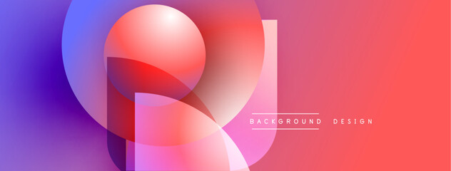 Abstract vibrant design features overlapping circles, gradient colors. Red, purple hues create modern visual effect. Background text present.