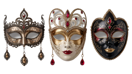 Elegant venetian masks collection red gold black design art face on transparent background