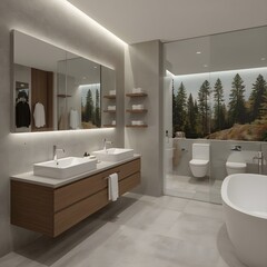 A realistic high-end bathroom interior with a clean and minimalistic design. Features include a floating vanity with dual sinks, a large wall mirror, modern faucets, and built-in shelves.