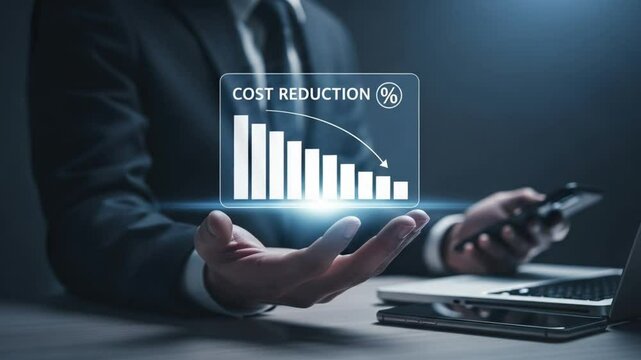 Businessman holding cost reduction graph above hand with laptop and phone in the background