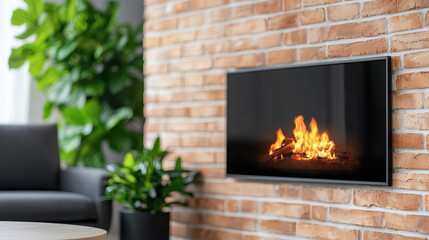 Cozy living room featuring modern fireplace against brick wall, complemented by lush greenery, creates warm atmosphere