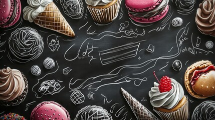 30.A dynamic hand-drawn composition of desserts on a chalkboard background, highlighting macarons, cupcakes, pastries, and ice cream cones with artistic chalk details and flourishes.