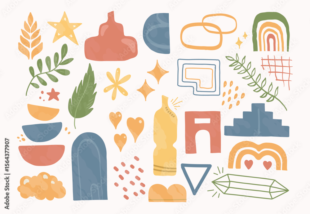 Poster Colorful Abstract Shapes and Botanical Elements in a Harmonious Composition