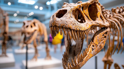Detailed view of dinosaur fossils in museum exhibit, showcasing impressive skull structure and teeth of dinosaur