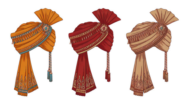 Elegant indian turbans collection in red orange beige colors art on transparent background