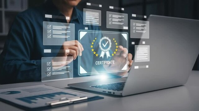 Man interacting with digital certificate and checklist icons on a laptop screen at a desk setup