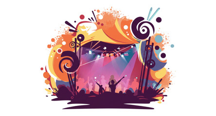 Obraz premium Music Festival Crowd with Stage and Lights Vector Illustration