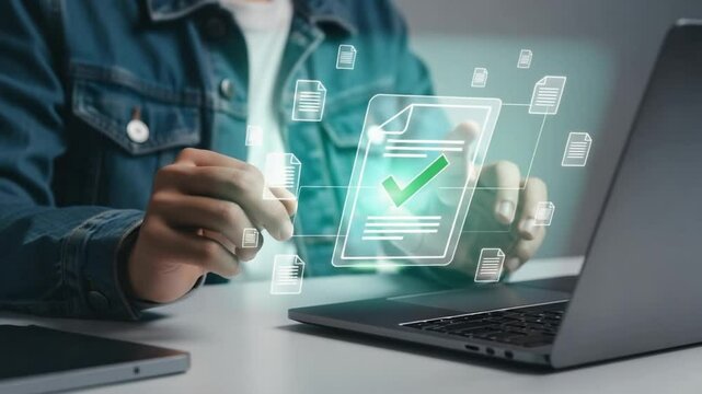 Person using a laptop with digital document and green checkmark overlay for approval process online